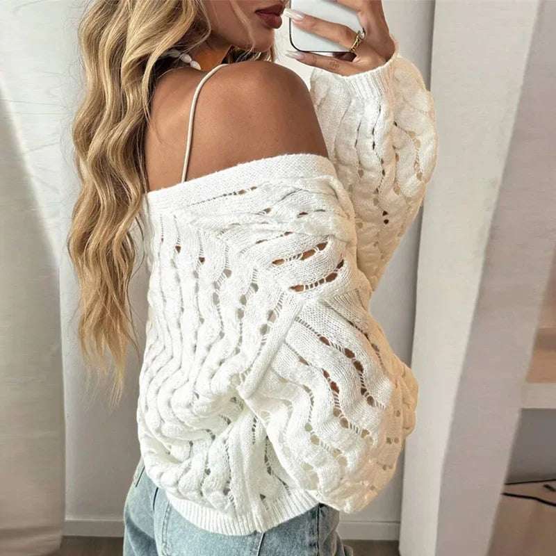 Fashion V Neck Single Breasted Crochet Jacket Woman Sexy Hollow Out Long Sleeve Knitted Sweater Casual Pure Soft Cardigan Jumper