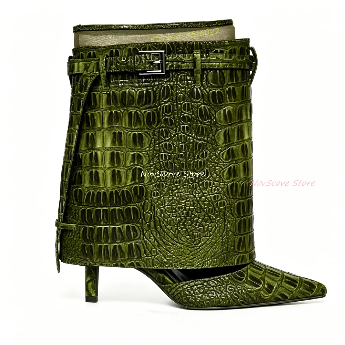 Green Croc Print Leather Fold Mid-Calf Boots With Stiletto Heel For Women
