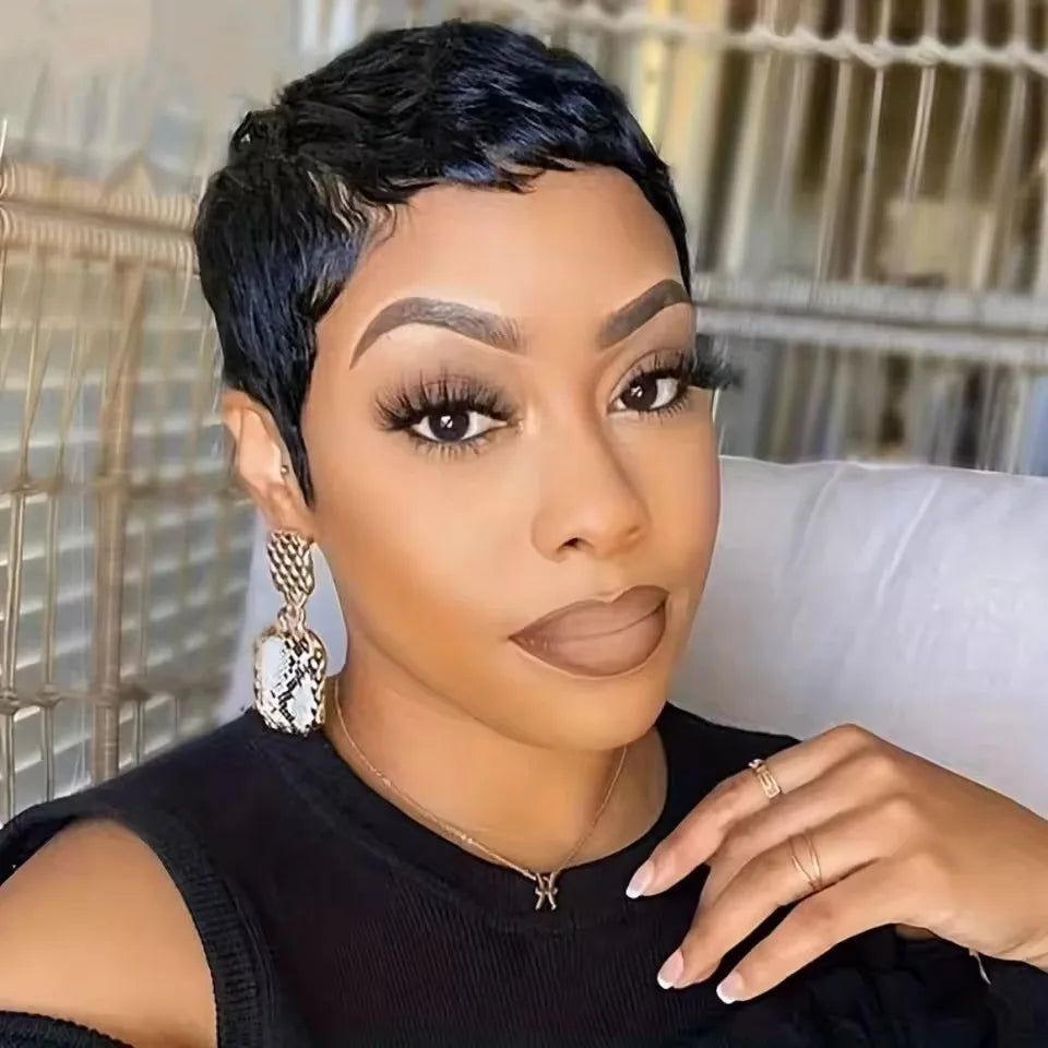 Black Short Straight Brazilian Hair Pixie Wig Preplucked Hairline For Women