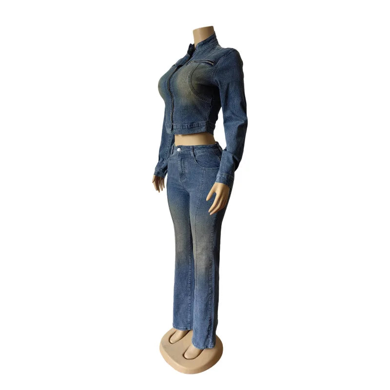 Elegant Blue Denim Matching Jacket And Trousers Set For Women