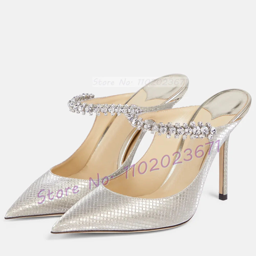 Metallic Silver Rhinestone Arch Strap High Heel Mules for Women
