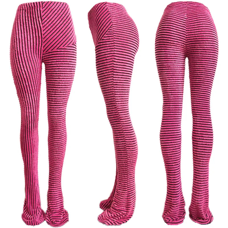 FAGADOER Stripe Plush Stacked Pants Women Casual Solid Color Fur Patchwork Flare Trousers Y2K Female Streetwear Bottoms 2025 New