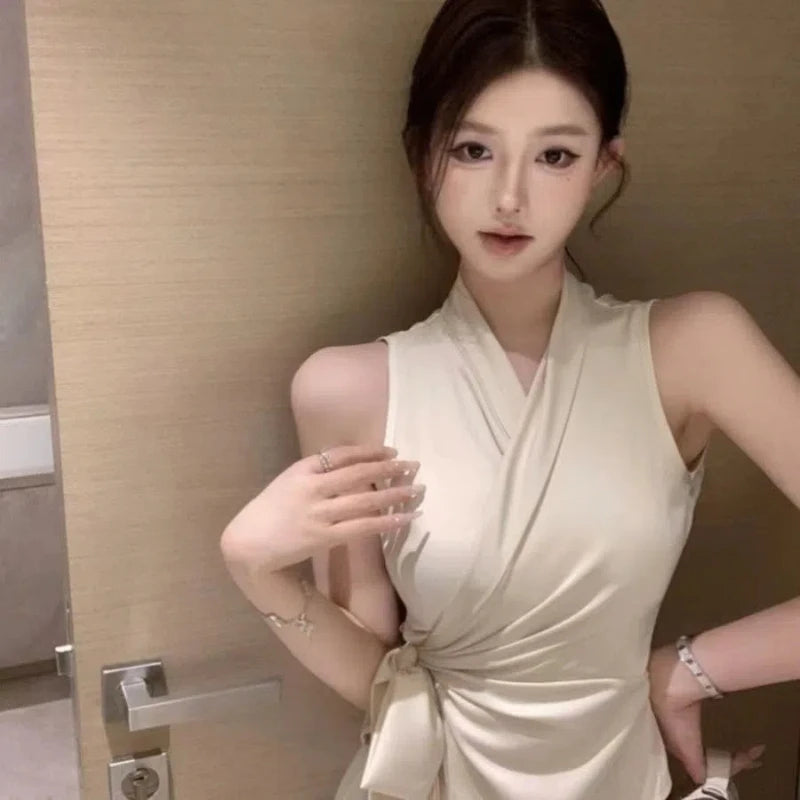 Solid V Neck Bandage Sleeveless Elegant Top for Women
