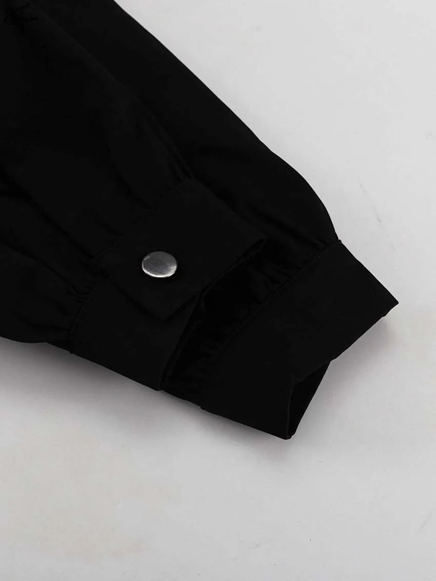 Oymimi Elegant Black Patchwork Women's Dress Casual Peter Pan Collar Three Quarter Sleeve Dresses Fashion Pleated Mini Dresses