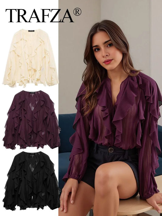 TRAFZA 2025 Women Elegant Solid Ruffles Blouse Spring Female V-Neck Long Sleeved Gauze Shirt Casual Hollow Out Lady Clothes