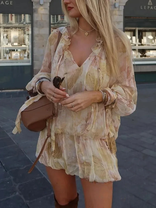 KONDALA Vintage Holiday Flower Print Women Dress Long Sleeve V Neck Ruffle Mini Dress Fashion 2025 Spring Summer Elegant Vestido