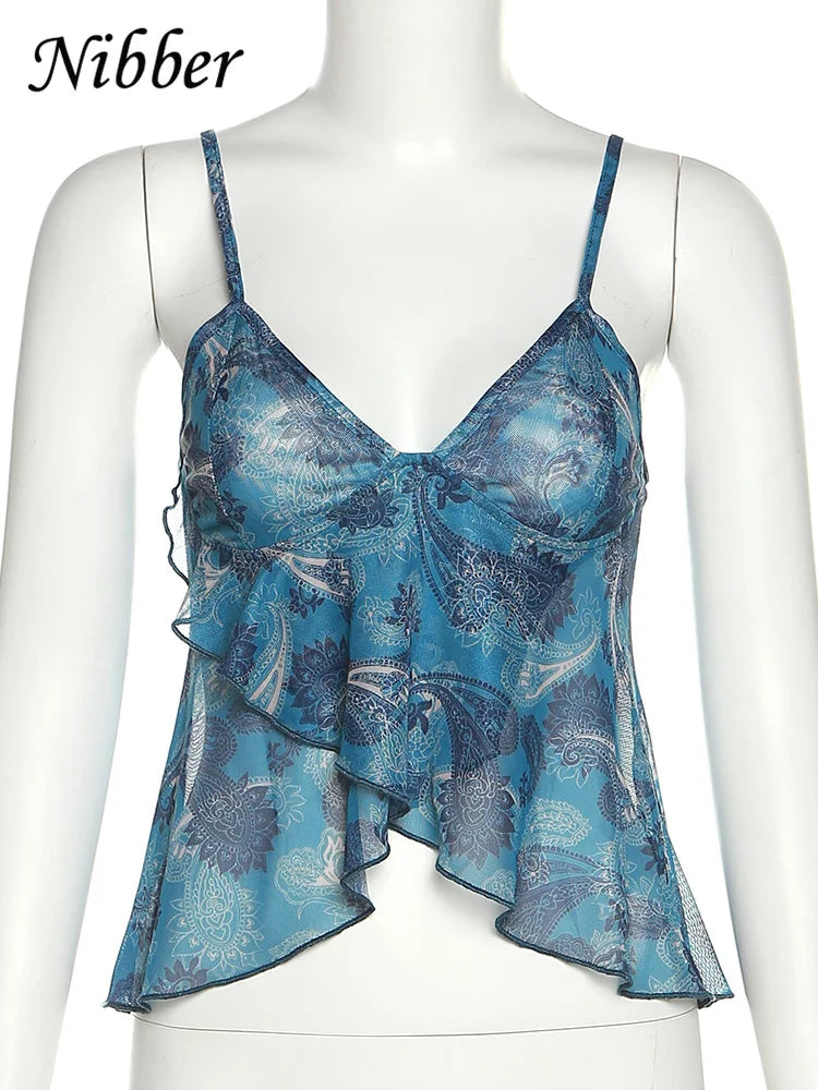 Nibber Mesh See Through Printed Vest Women Sexy Casual V-neck Sleeveless Suspender Camisole Patchwork Tank Top Streetwear