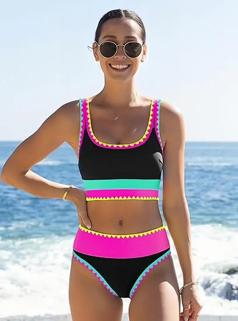 Women's Bikinis And Tankinis High Waist Color-blocked Zigzag Swimsuit 2026 Three Piece Cover-ups Bikini Beach Vacation Swimwear
