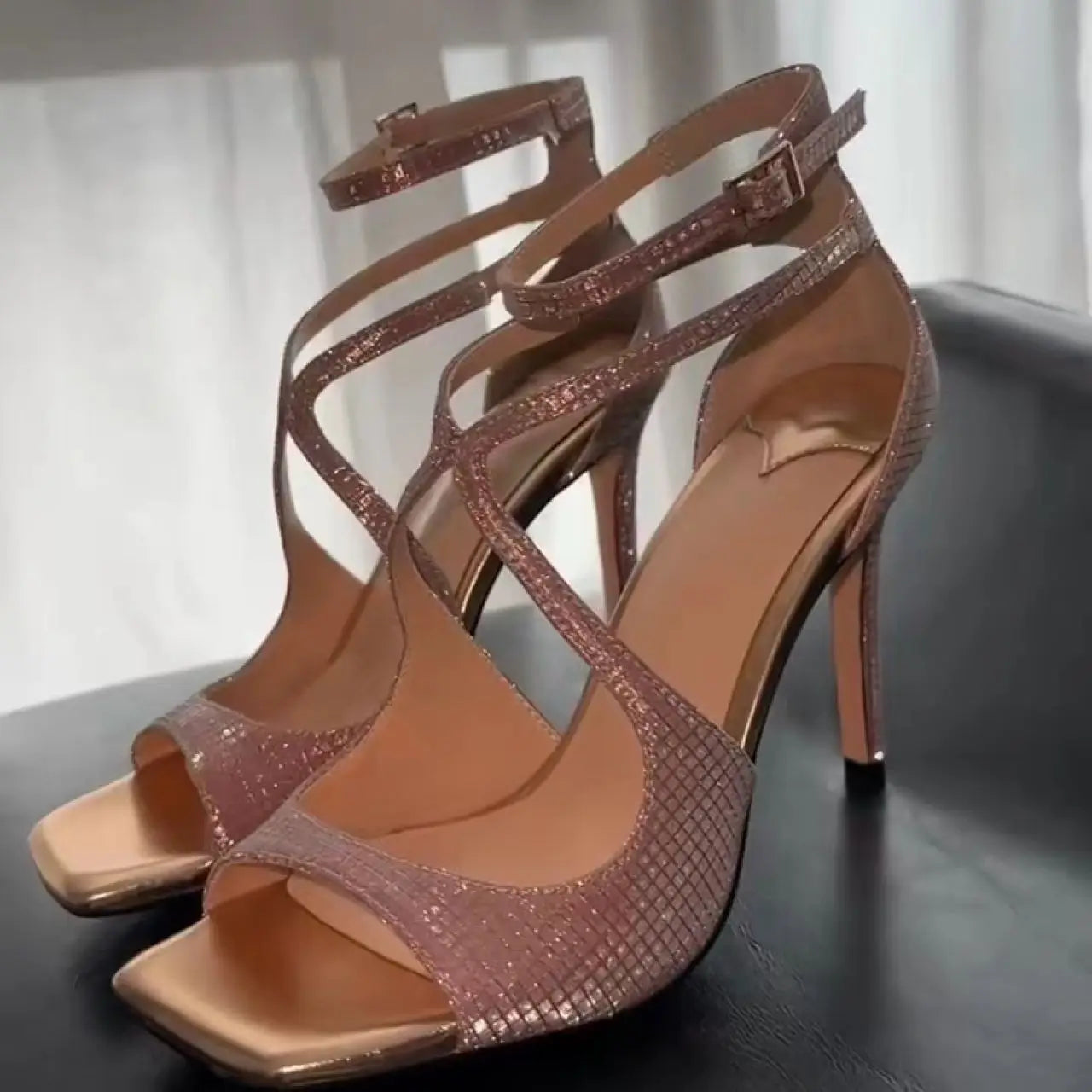 Sequined Cross Strap Sandals With Square Toe For Women