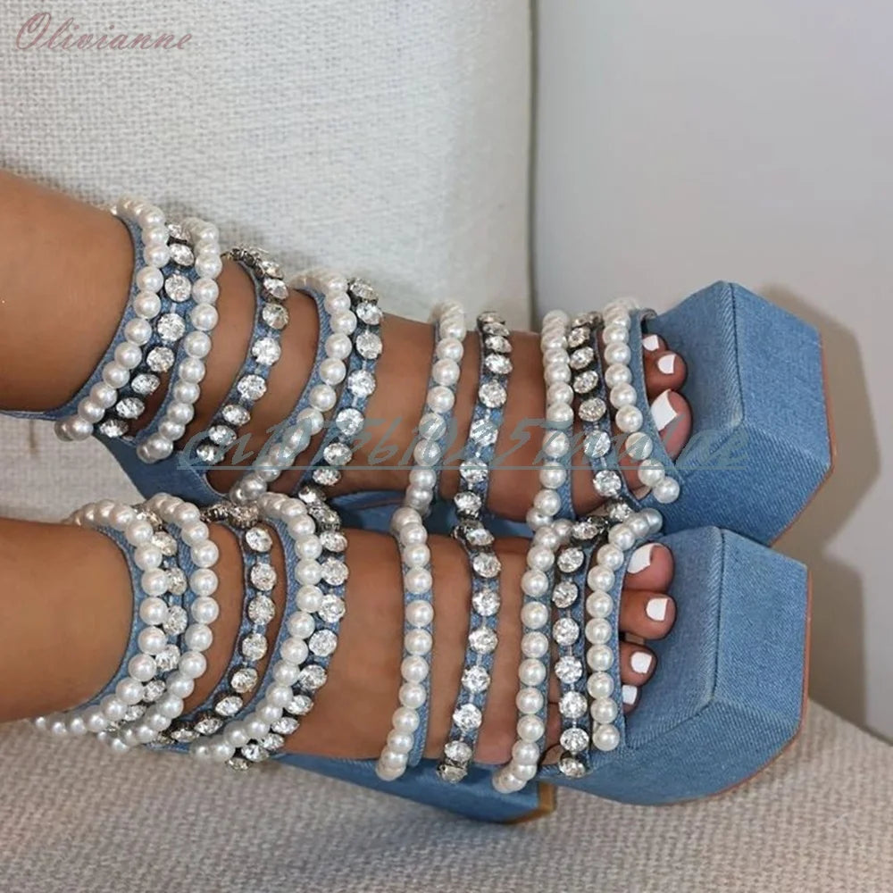 Denim Crystal Pearl Chain Sandals with Back Zipper for Women