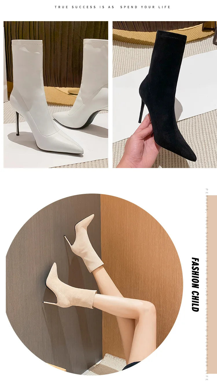 Elegant Pointed Stiletto Ankle Boots With Elastic Slip On Closure For Women