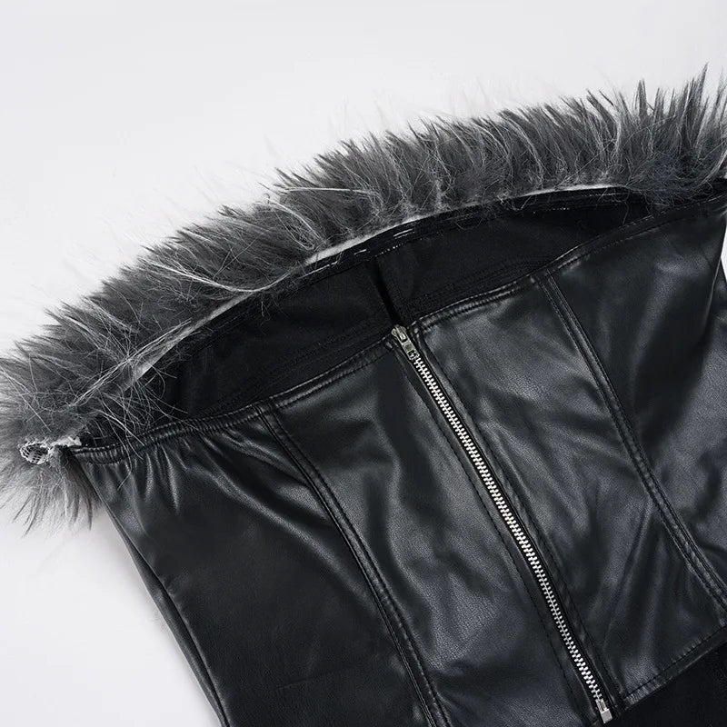 FAGADOER Punk Gothic Sexy Fur Leather Patchwork 2 Pieces Set for Woman Sleeveless Backless Tops and Bubble Puff Skirt Streetwear