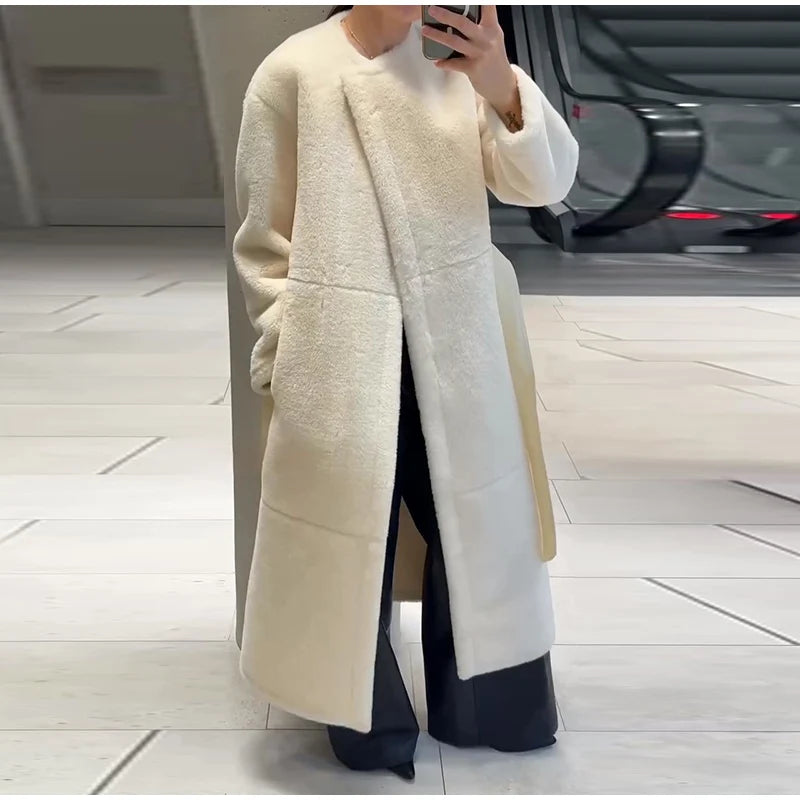 Lace Up Elegant White Faux Fur Long Coat for Women