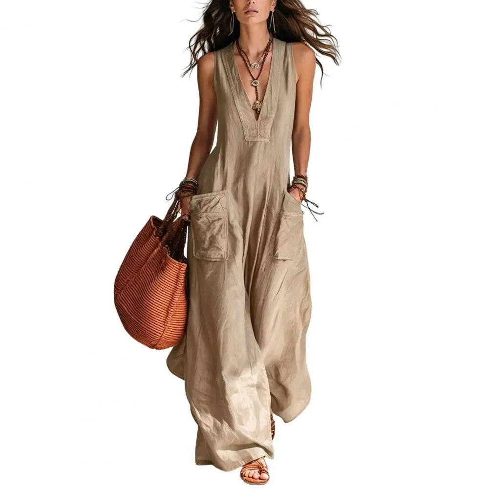 Sleeveless V Neck Loose Wide Leg Casual Jumpsuit For Women