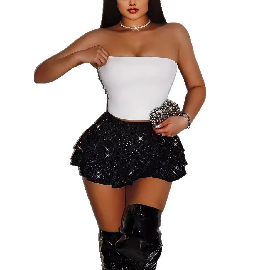 Sequin Patchwork High Waist Bubble Puff Skirt for Women