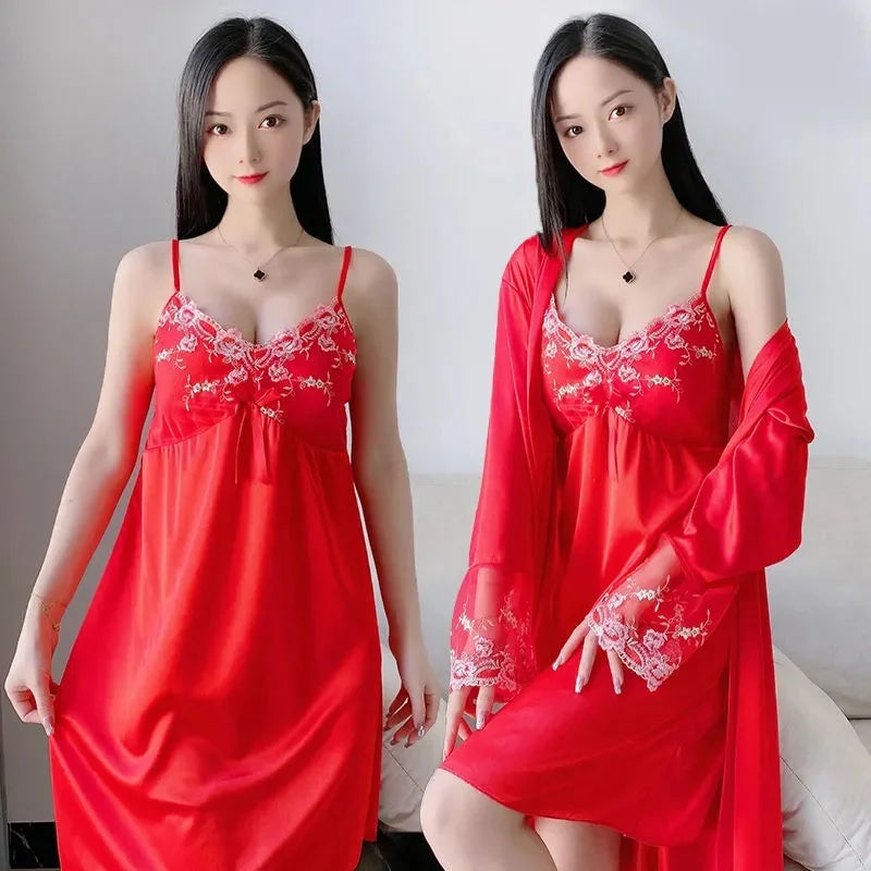 Comfortable Relaxed Fit Lace Up Two Piece Robe Set For Women