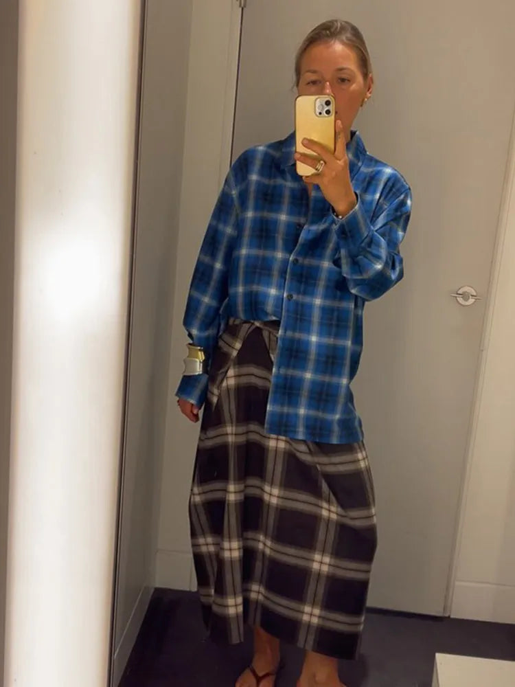 Women Checked Midi Skirt Fashion Casual Pleated Irregular High Waist Slim Mid-length Bottom Lady Daily New Commute Street Skirts