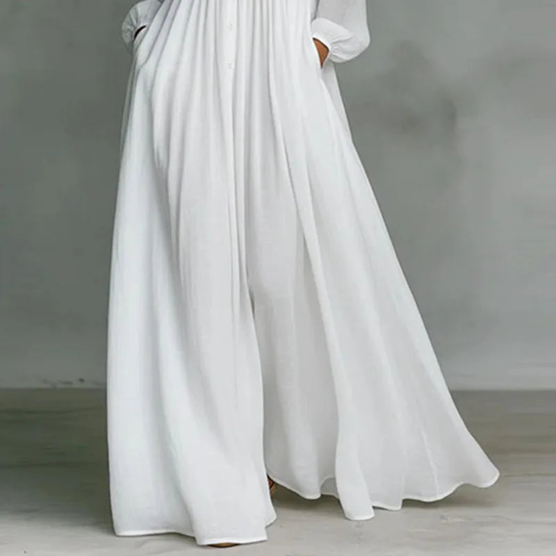Elegant High Waist Pleated Long Sleeve Maxi Dress for Women