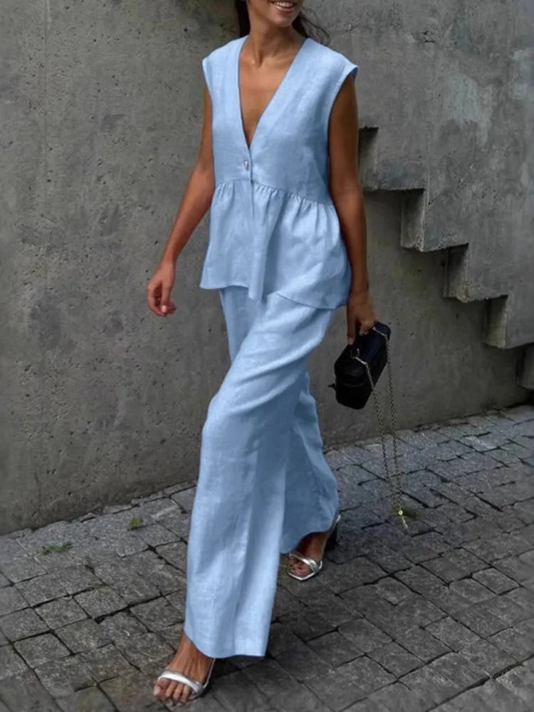 2026 Summer Cotton Two Piece Set Women Sleeveless Loose V Neck Waistcoat Elastic Wide Leg Pants Tracksuits Office Lady Outfits