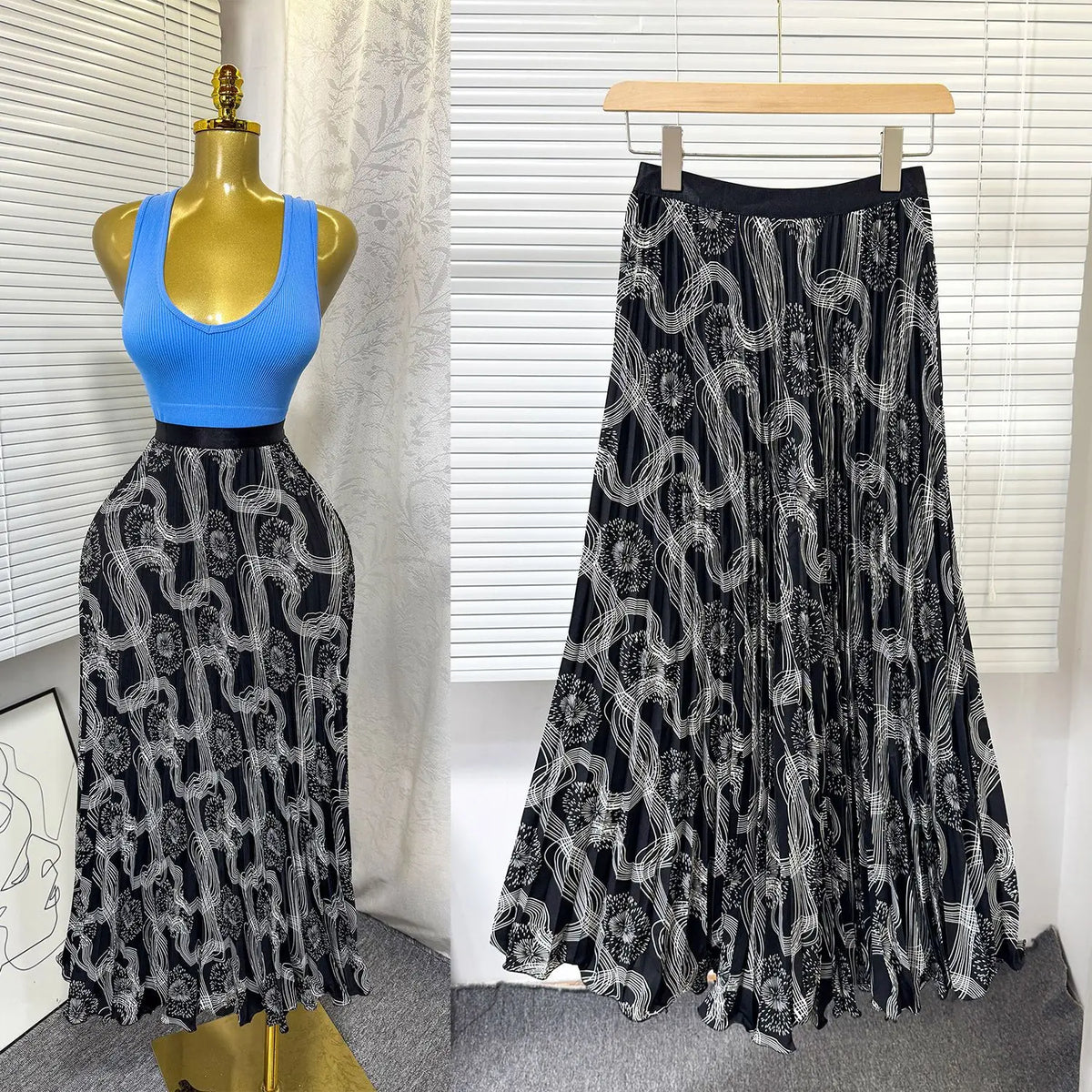 Floral Ruffle A Line Midi Skirt with Elastic Waist for Women