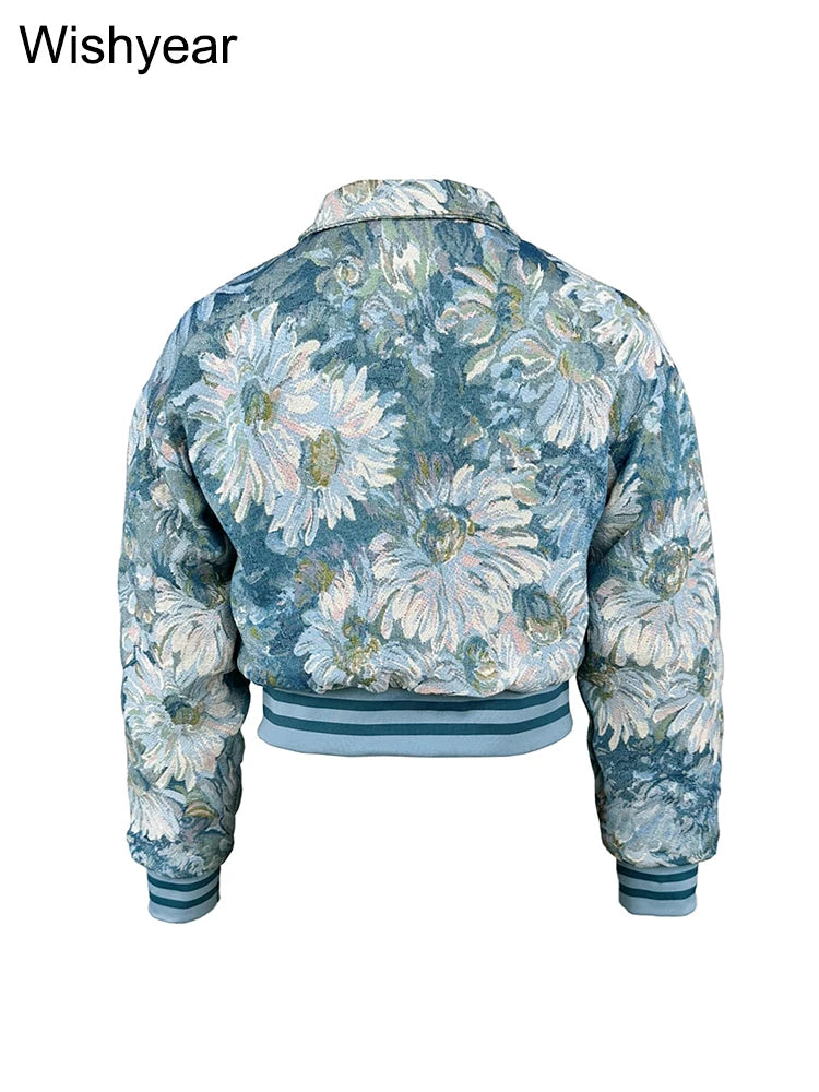 Vintage Print Button Up Baseball Jacket for Women