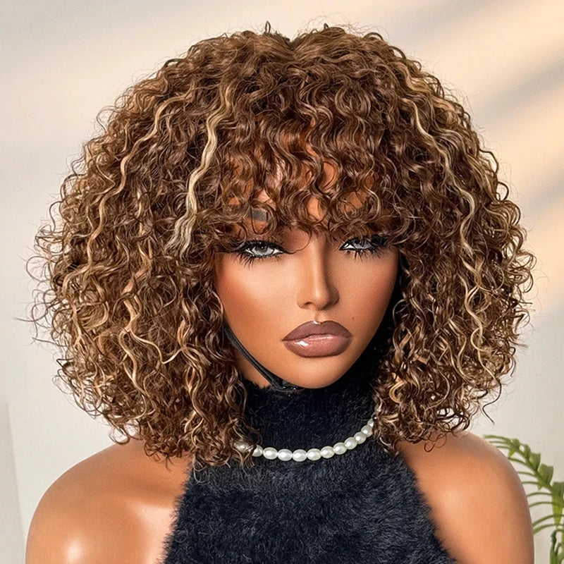 Short Ombre Curly Human Hair Bob Wig With Bangs for Women