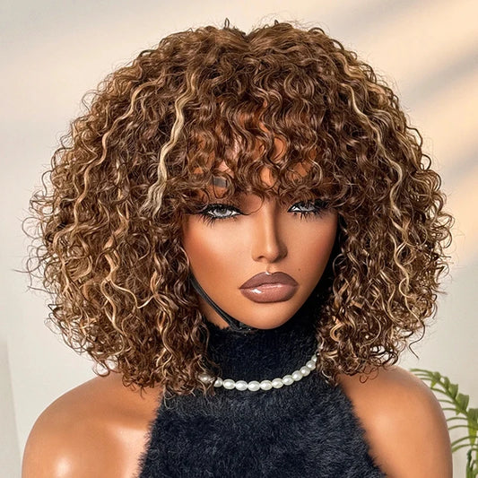 Short Ombre Curly Human Hair Bob Wig With Bangs for Women