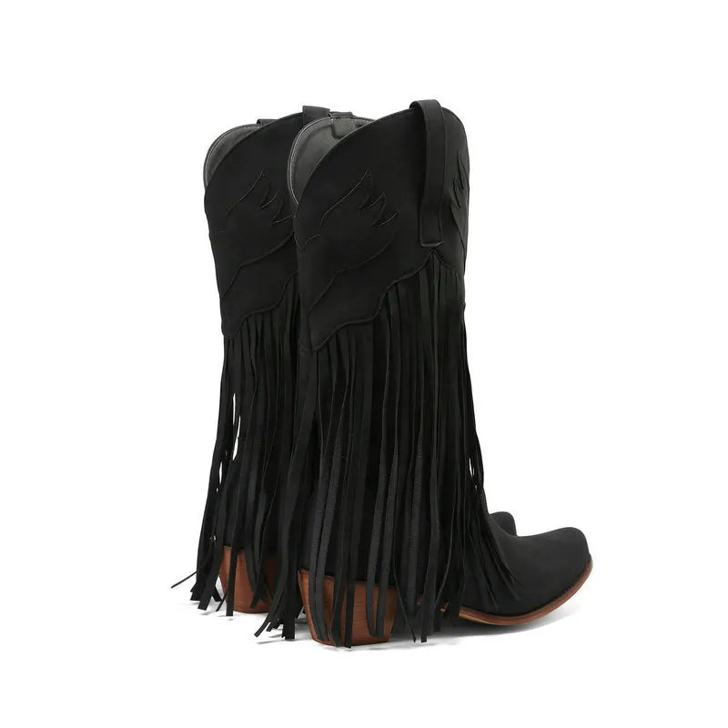 Retro Western Style Mid Calf Boots With Block Heel Tassels For Women