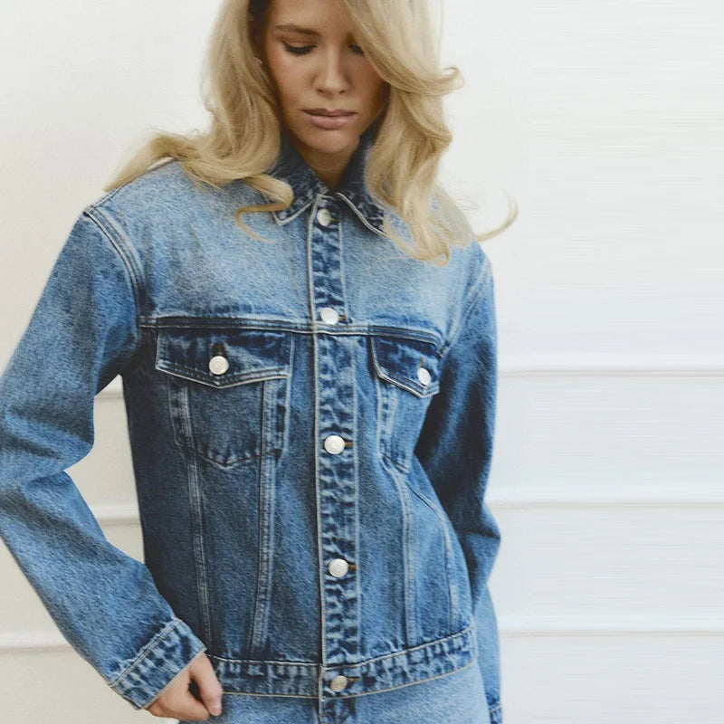 High Waisted Acid Wash Denim Two Piece Set For Women