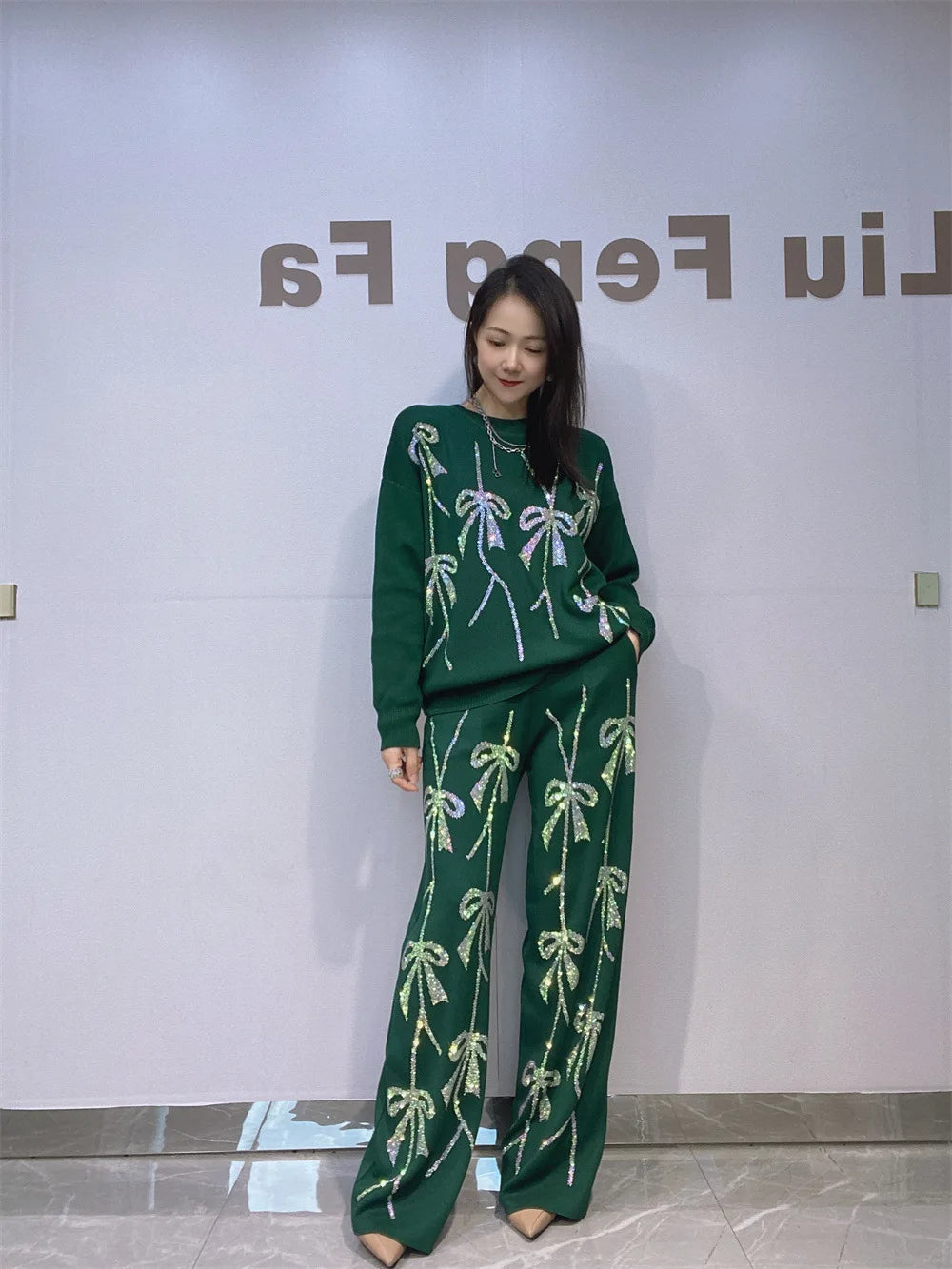 2025 Autumn New Fashion Rhinestone Knitted Two-Piece Set Loose Women's Top Casual Wide-Leg Pants Ladies Long Pants Suit