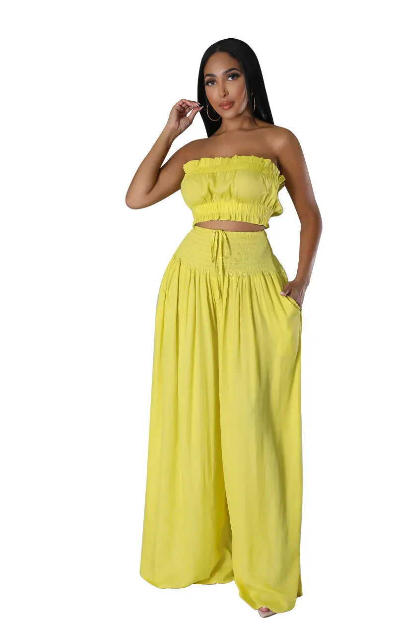 Lace Up Strapless Top Two Piece Pants Set for Women