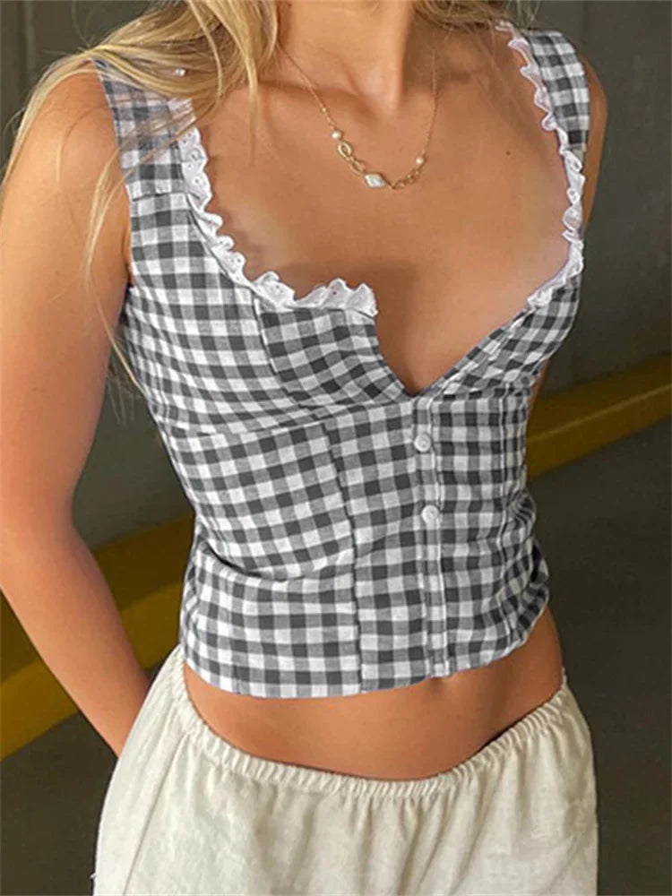 Retro Plaid Button Down Lace Trim Sleeveless Tank Top for Women