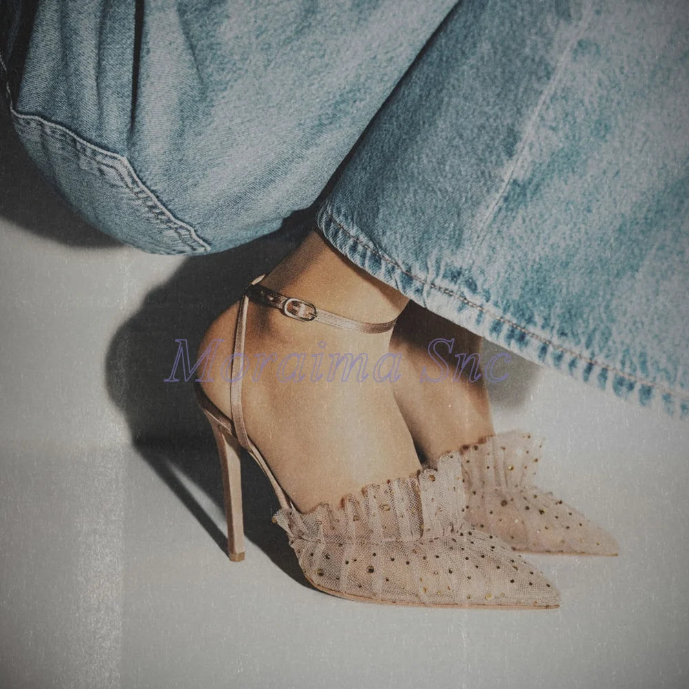 Pink Pointed Toe Ruffled Rhinestone Stiletto Sandals for Women