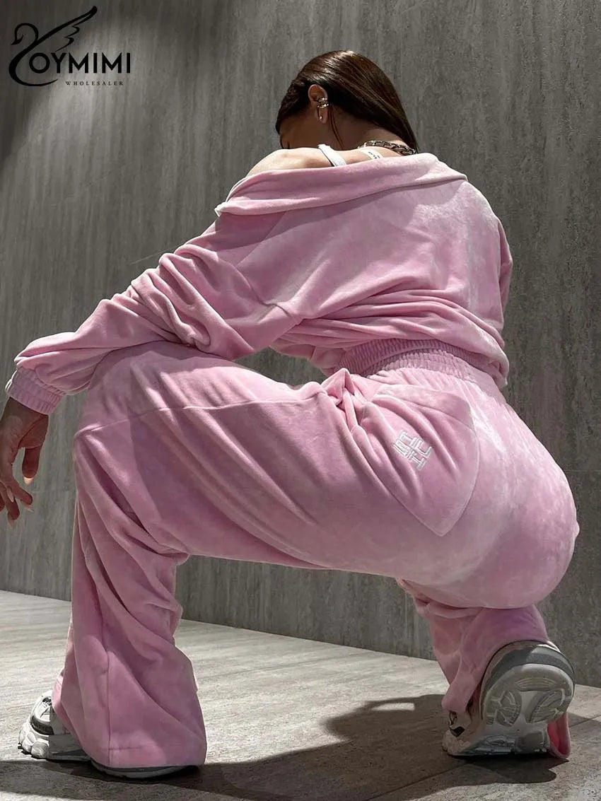 Oymimi Casual New Pinlk Knitting Sets Womens 2 Piece Elegant Long Sleeve Zipper Blouses And Simple Straight Trousers Female Sets