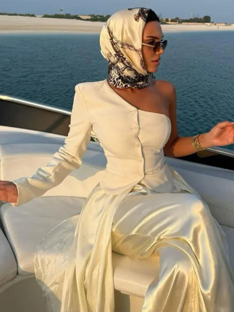 Chic White Lace Patchwork Long Blazer Set for Women