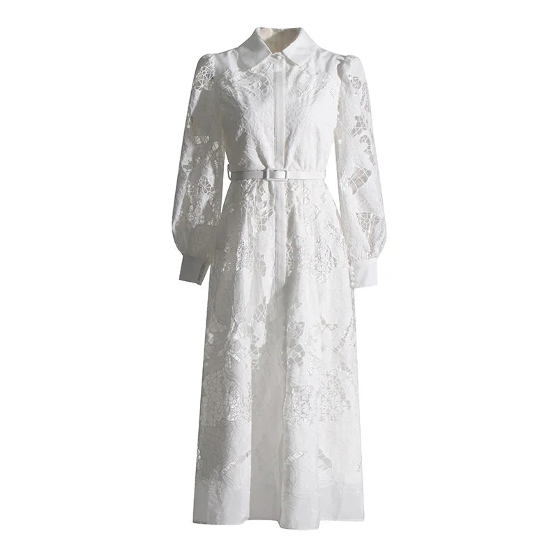 2026 New Spring Autumn Hollow Out Lantern Long Sleeve Women Dresses Elegant Embroidery Single-breasted A-line Casual Shirt Dress