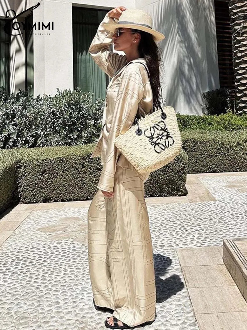 Oymimi Elegant Beige Print Two Piece Set For Women Fashion Long Sleeve Single Breasted Shirts And High Waisred Trousers Sets