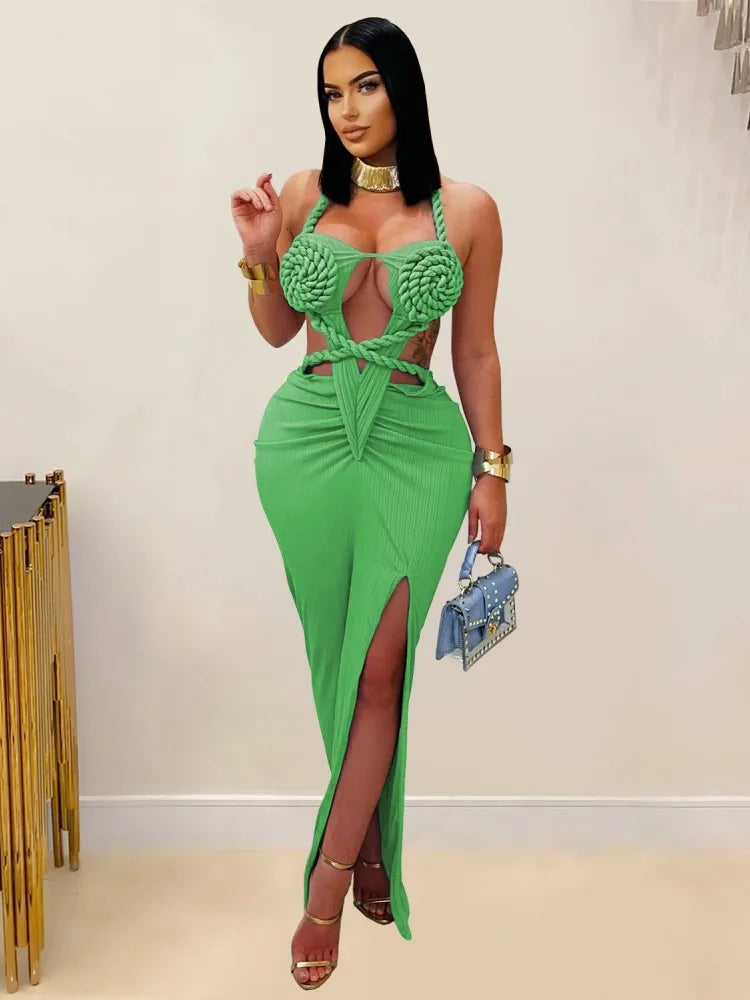 Joskaa Women's 2025 Summer Knit Halter Dress Sexy Hollow Backless Slit Bodycon Maxi Dresses Holiday Party Club Beachwear S-XXL
