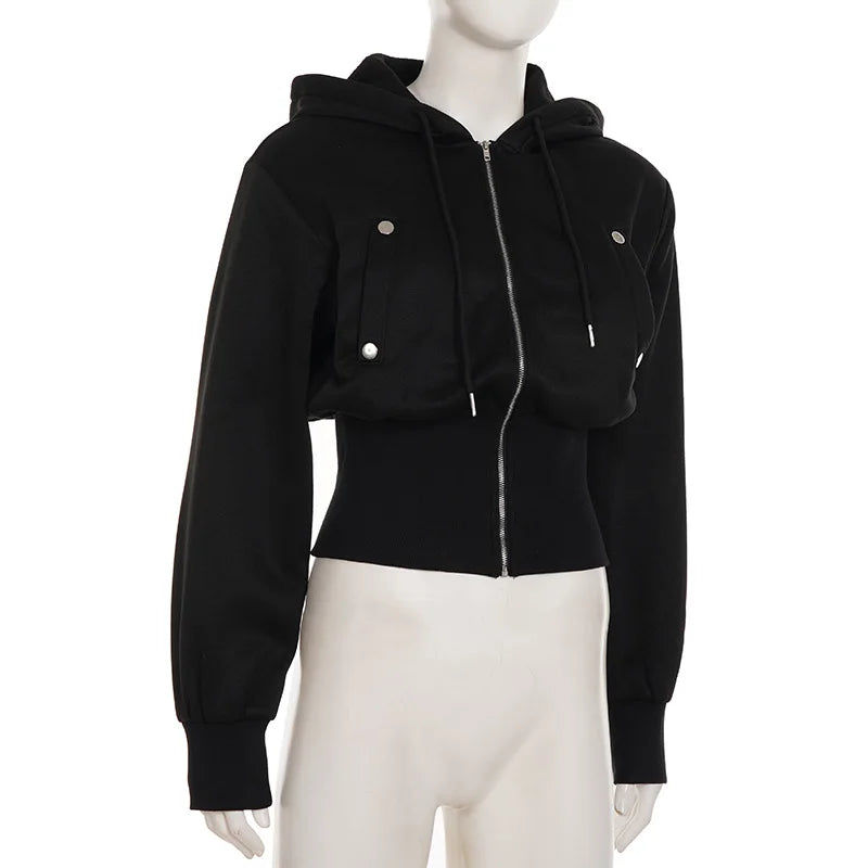 Y2K Winter Fashion Streetwear Women's Black Zip - Up Hoodie With Trendy Casual Long Sleeve Cropped Jacket Style Party