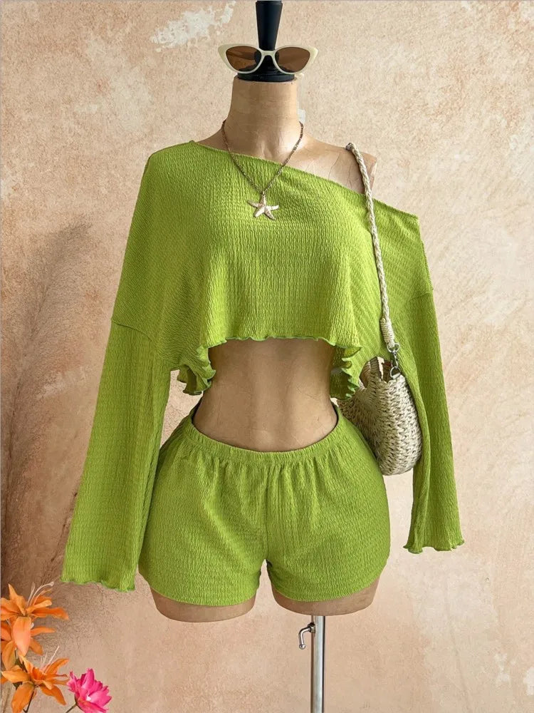 Slanted Shoulder Knit Two Piece Shorts Set for Women
