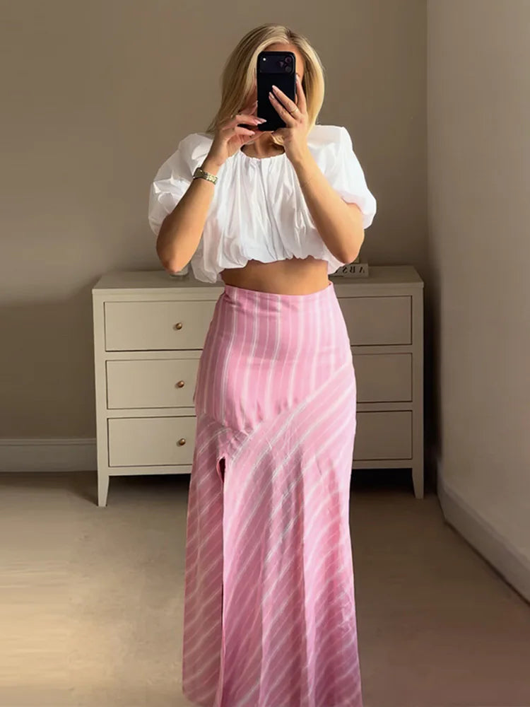 Elegant Striped Long Sleeve Shirt and Skirt Set for Women