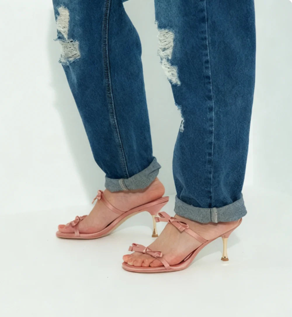 Blush Satin Gold Bow Stiletto Mules