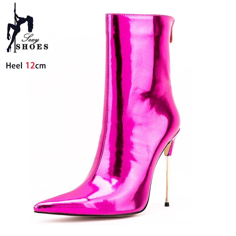 Shiny Blue Mirror Stiletto Boots with Side Zipper for Women