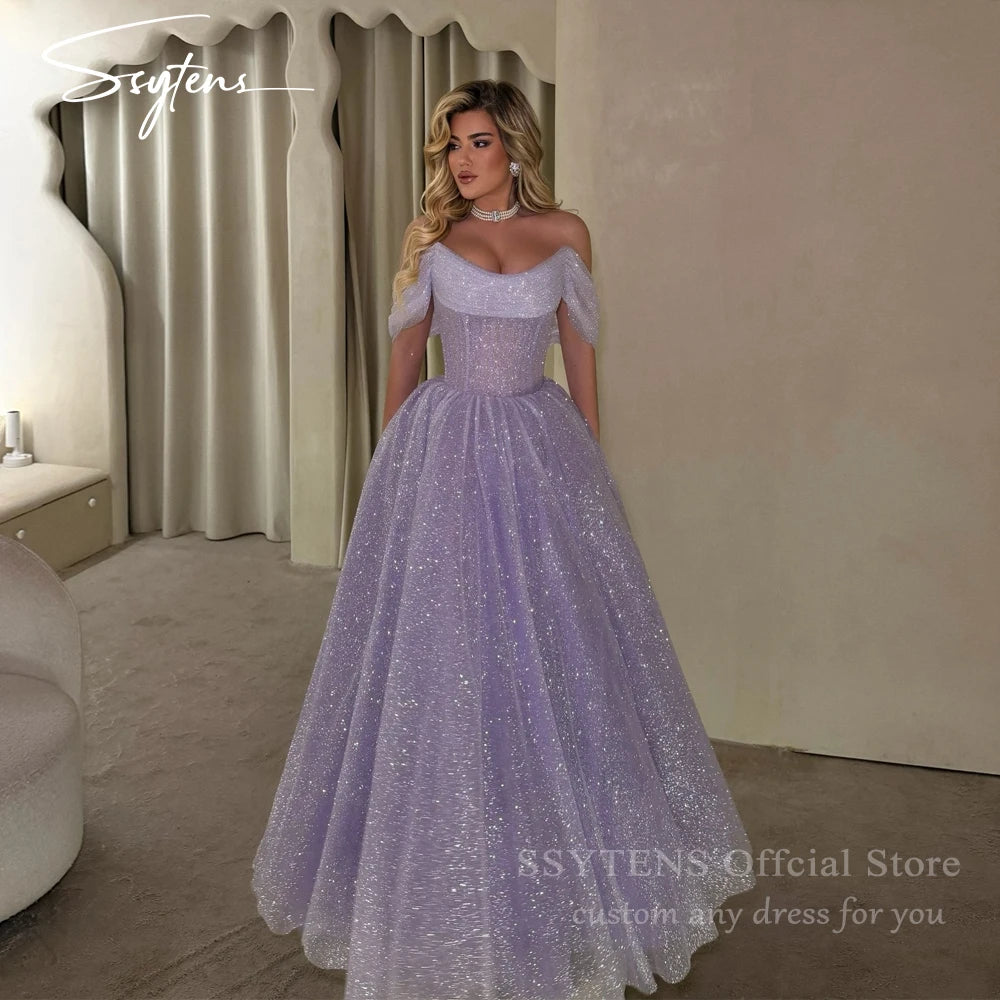 Glitter Lavender Off-Shoulder A-Line Evening Dress for Women