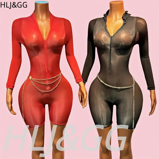 Sheer Mesh Long Sleeve One Piece Jumpsuit for Women