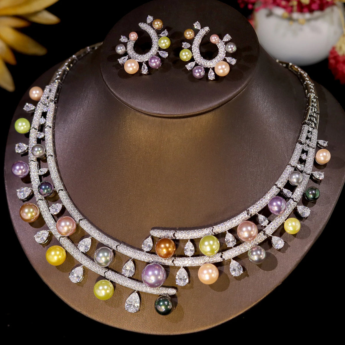 Pearl And Crystal Floral Rhinestone Jewelry Set For Women