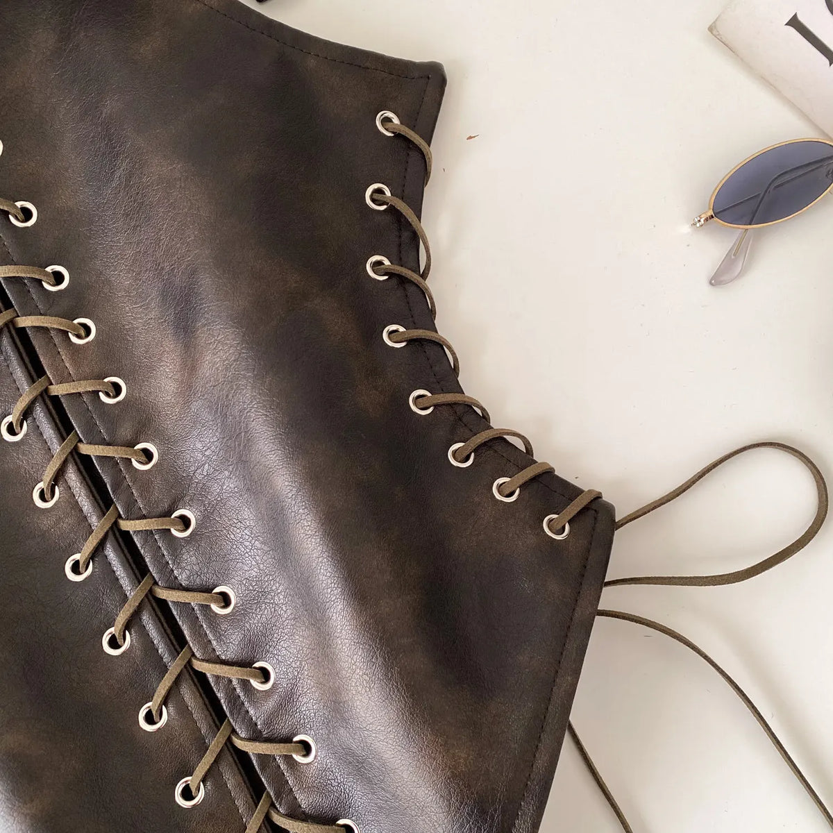 Retro Lace Up Faux Leather Sleeveless Bustier Top for Women