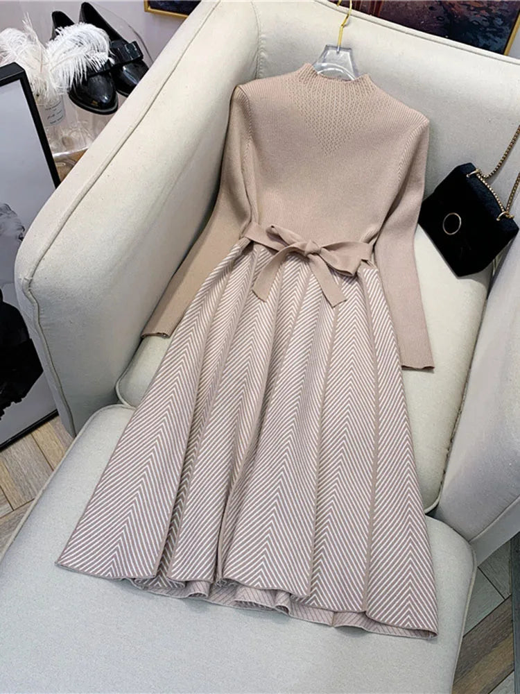 Knit Midi Dress Belted Stripe Pattern With Slim Fit And Flattering Cut Elegant Modern Minimalist Style