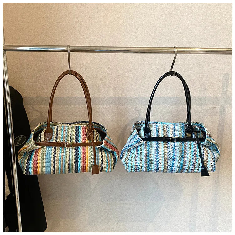 Large capacity rainbow woven tote bag, women's new versatile commuting beach bag, shoulder bag