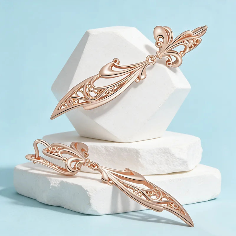 Glossy Rose Gold Flower Drop Earrings